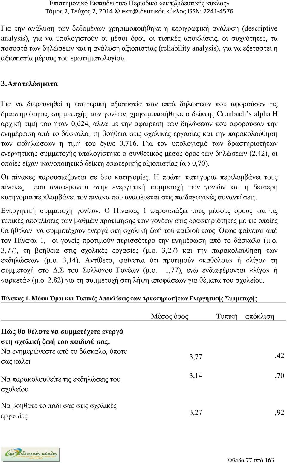 Αποτελέσματα Για να διερευνηθεί η εσωτερική αξιοπιστία των επτά δηλώσεων που αφορούσαν τις δραστηριότητες συμμετοχής των γονέων, χρησιμοποιήθηκε ο δείκτης Cronbach s alpha.