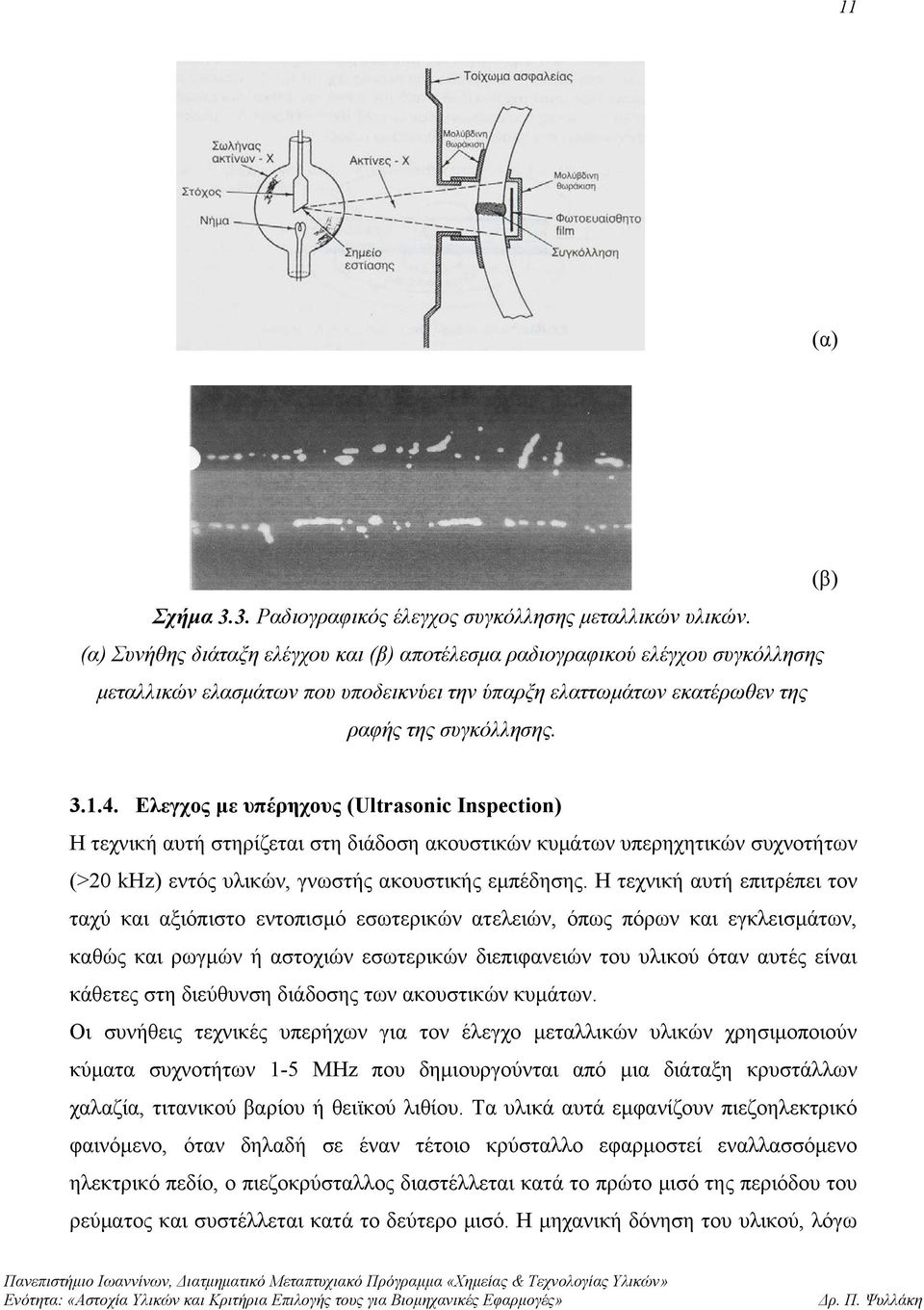 Ελεγχος με υπέρηχους (Ultrasonic Inspection) Η τεχνική αυτή στηρίζεται στη διάδοση ακουστικών κυμάτων υπερηχητικών συχνοτήτων (>20 khz) εντός υλικών, γνωστής ακουστικής εμπέδησης.