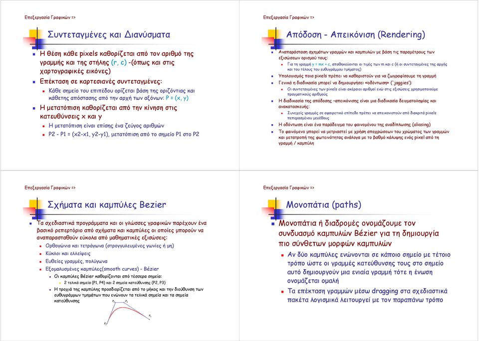κατευθύνσεις x και y Η µετατόπιση είναι επίσης ένα ζεύγος αριθµών P2 - P1 = (x2-x1, y2-y1), µετατόπιση από το σηµείο P1 στο P2 Απόδοση - Απεικόνιση (Rendering) Αναπαράσταση σχηµάτων γραµµών και