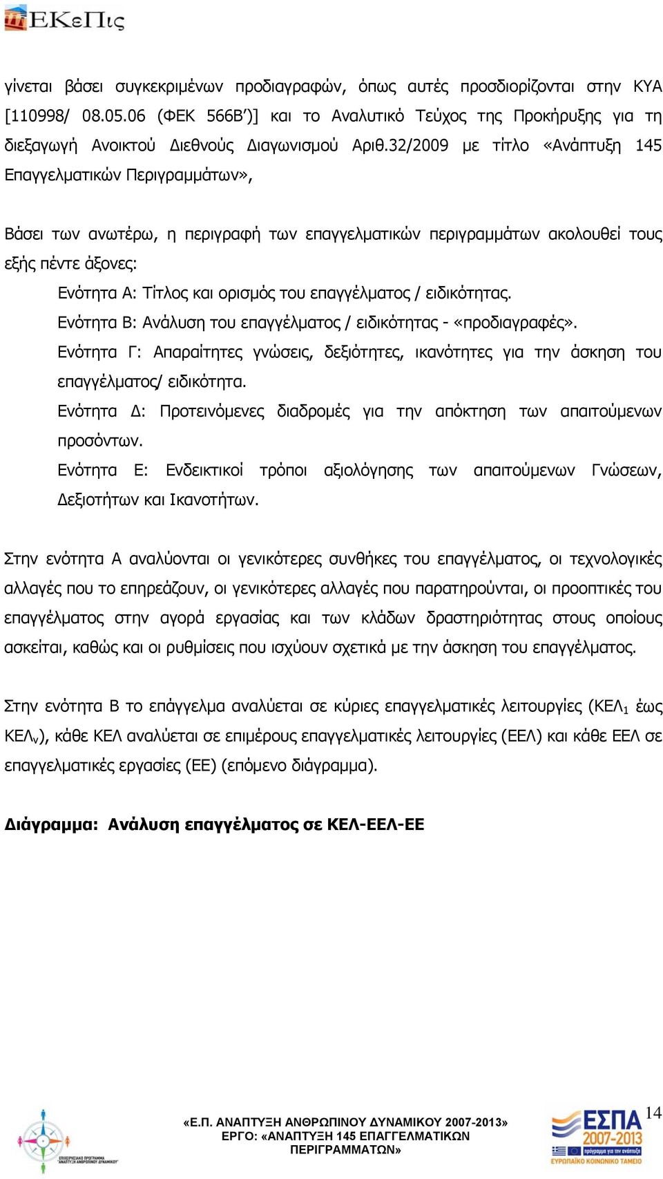 επαγγέλματος / ειδικότητας. Ενότητα Β: Ανάλυση του επαγγέλματος / ειδικότητας - «προδιαγραφές». Ενότητα Γ: Απαραίτητες γνώσεις, δεξιότητες, ικανότητες για την άσκηση του επαγγέλματος/ ειδικότητα.