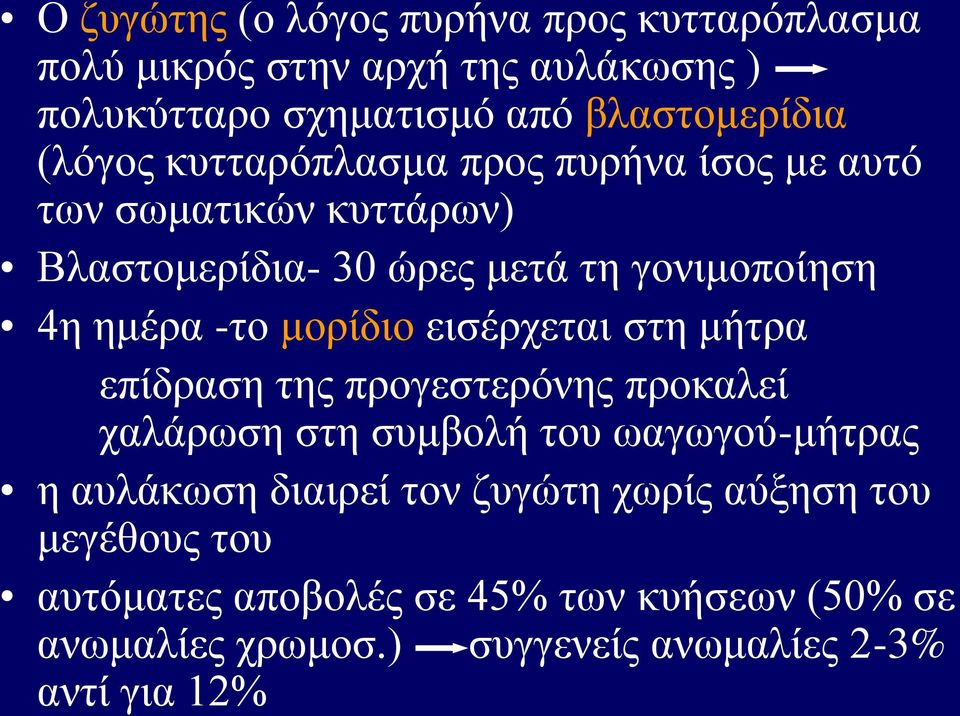 μορίδιο εισέρχεται στη μήτρα επίδραση της προγεστερόνης προκαλεί χαλάρωση στη συμβολή του ωαγωγού-μήτρας η αυλάκωση διαιρεί τον