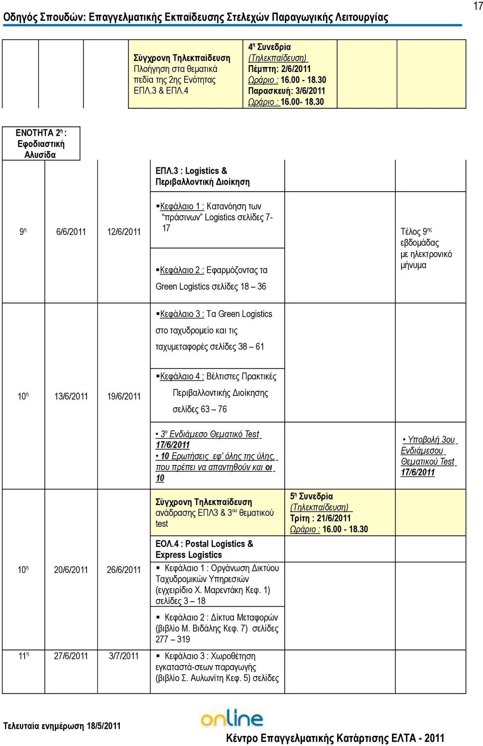 3 : Logistics & Περιβαλλοντική ιοίκηση Κεφάλαιο 1 : Κατανόηση των πράσινων Logistics σελίδες 7-17 Τέλος 9 ης Κεφάλαιο 2 : Εφαρµόζοντας τα Green Logistics σελίδες 18 36 εβδοµάδας µε ηλεκτρονικό µήνυµα