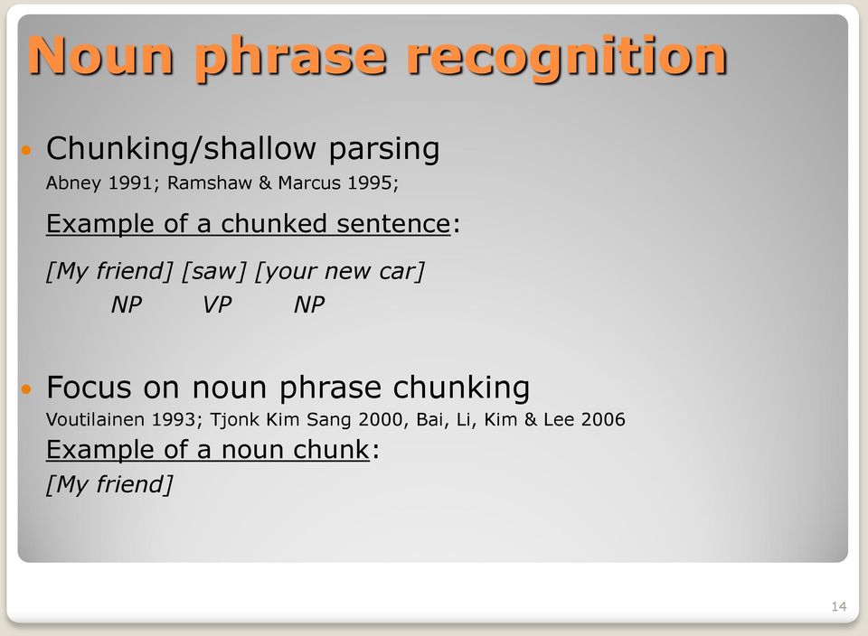 car] NP VP NP Focus on noun phrase chunking Voutilainen 1993; Tjonk Kim