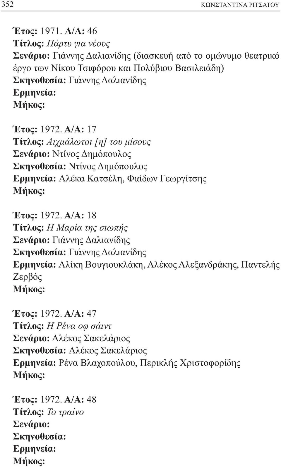 Α/Α: 17 Τίτλος: Αιχµάλωτοι [η] του µίσους Σενάριο: Ντίνος ηµόπουλος Ερµηνεία: Αλέκα Κατσέλη, Φαίδων Γεωργίτσης Έτος: 1972.