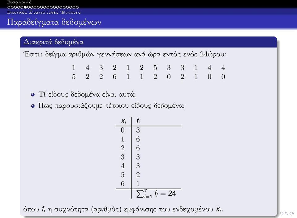 αυτά; Πως παρουσιάζουμε τέτοιου είδους δεδομένα; x i f i 0 3 1 6 2 6 3 3 4 3 5 2 6 1