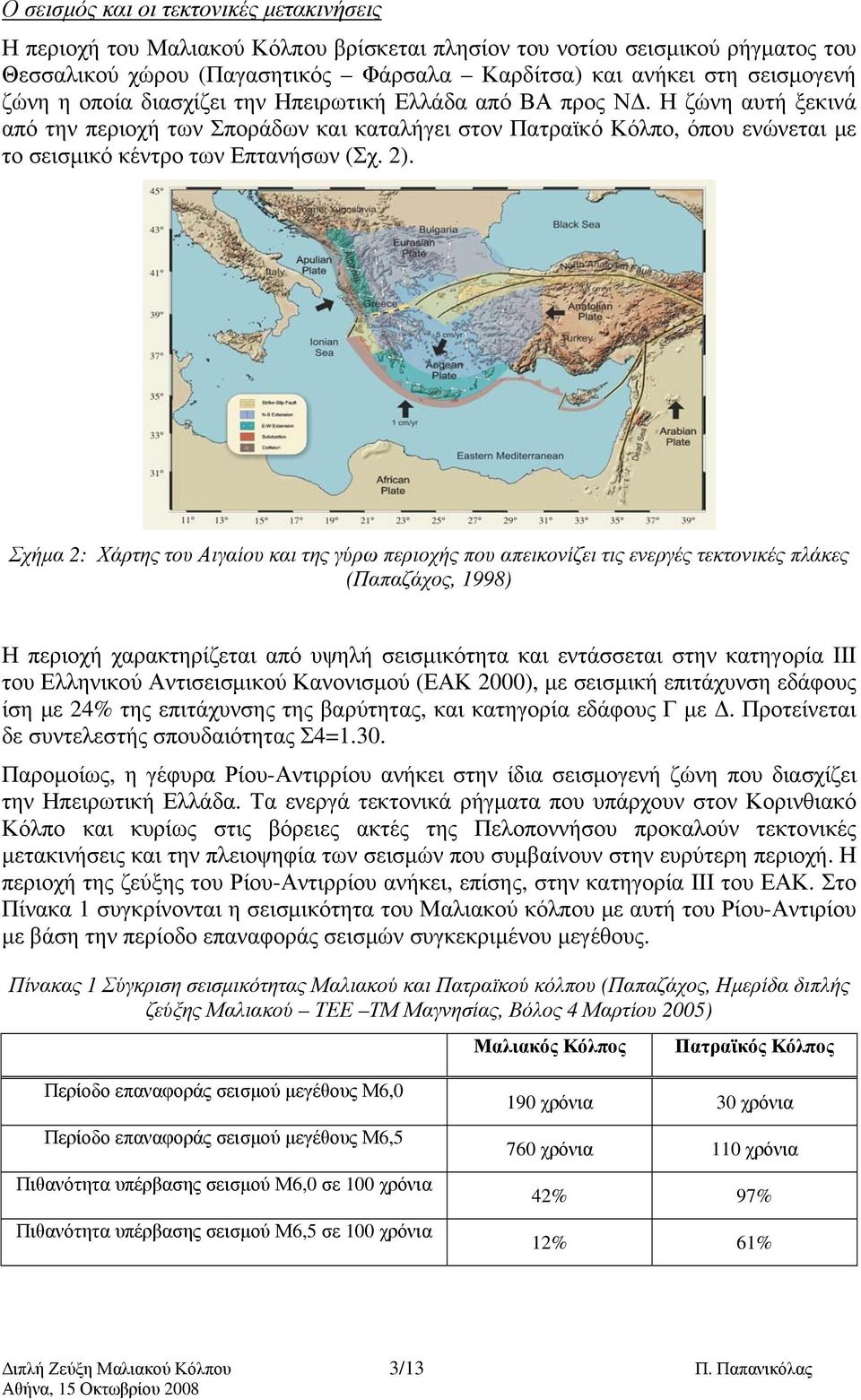 2). Σχήμα 2: Χάρτης του Αιγαίου και της γύρω περιοχής που απεικονίζει τις ενεργές τεκτονικές πλάκες (Παπαζάχος, 1998) Η περιοχή χαρακτηρίζεται από υψηλή σεισμικότητα και εντάσσεται στην κατηγορία ΙΙΙ