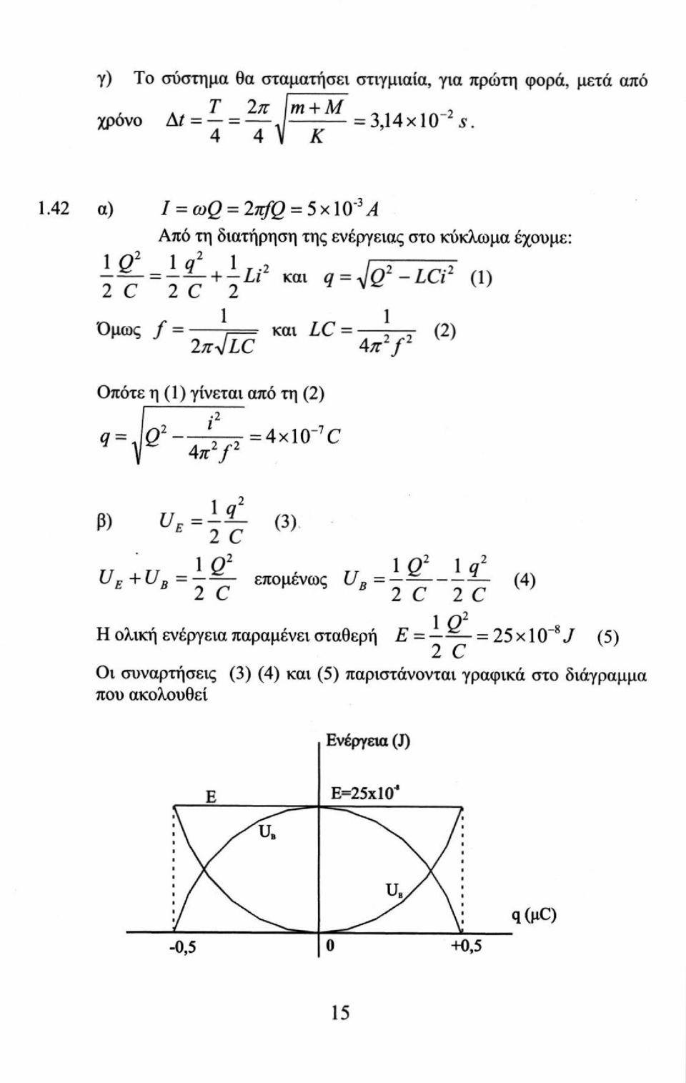 i-j LC \ = \ ^ (2) 2K4lC 4π 2 / 2 Οπότε η (1) γίνεται από τη (2) q = \ Q = 4xlO" 7 C β) U ε =-2~ Ε 2 C 2 (3) U E +U B = 0 επομένως U B = (4) 2 C 2 C