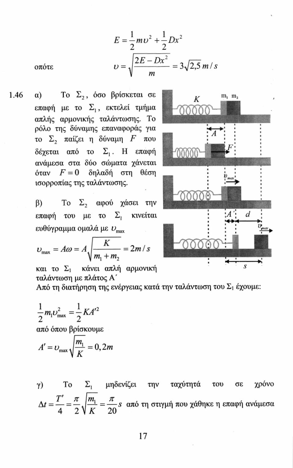 rfilwk Κ m, m 2 β) Το Σ 2 αφού χάσει την επαφή του με το Σ, κινείται Α d 4 ευθύγραμμα ομαλά με L> υ = Αω = Α Κ = 2 ml s 2«ΙΦΜιϊ5 m x +m 2 και το Σι κάνει απλή αρμονική ταλάντωση με πλάτος Α'