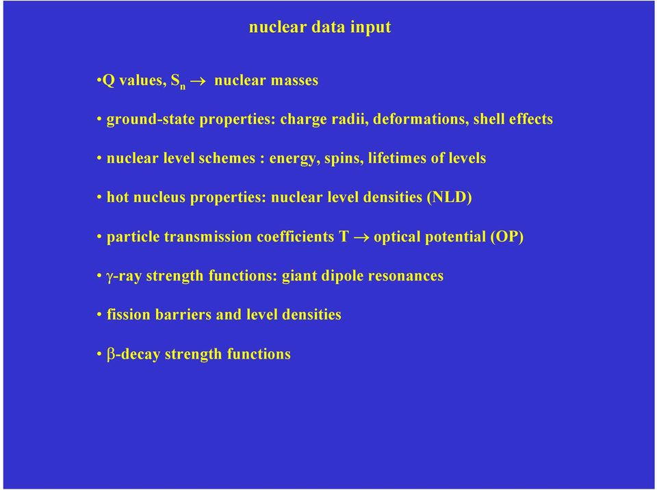 nuclear level densities (NLD) particle transmission coefficients T optical potential (OP) γ-ray