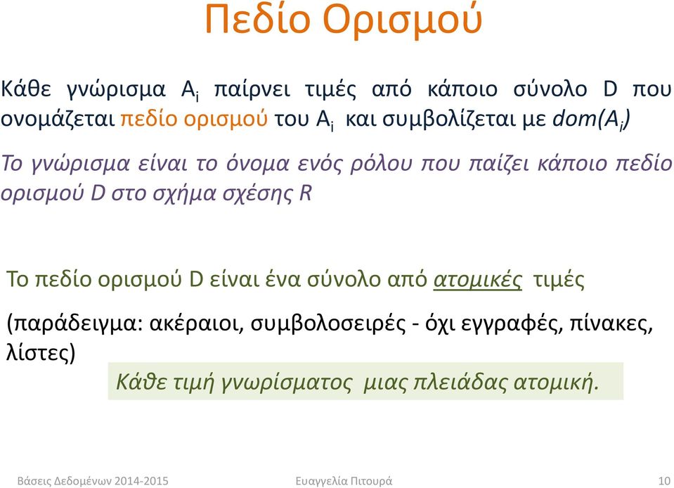 στο σχήμα σχέσης R Το πεδίο ορισμού D είναι ένα σύνολο από ατομικές τιμές (παράδειγμα: ακέραιοι,