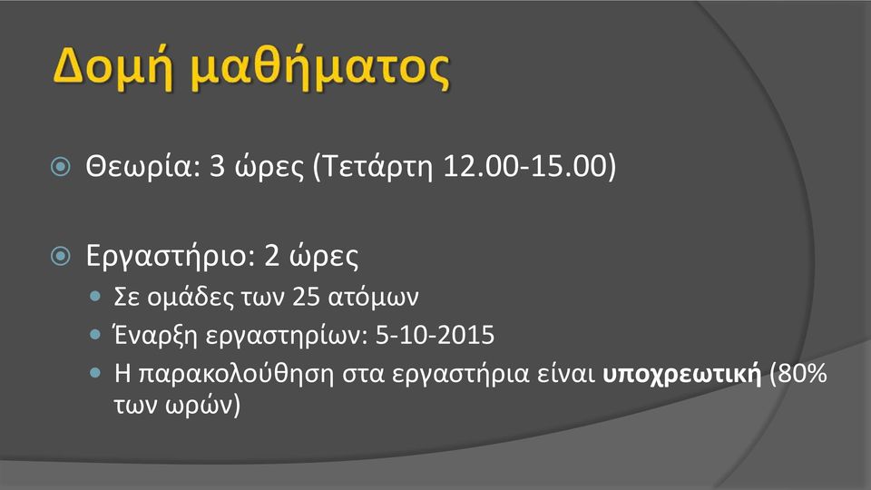 ατόμων Έναρξη εργαστηρίων: 5-10-2015 Η