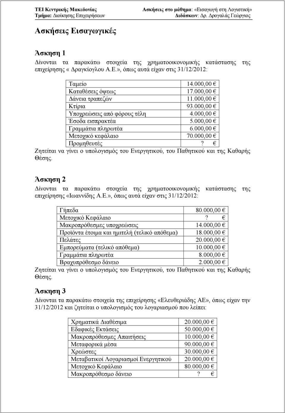 Ζητείται να γίνει ο υπολογισµός του Ενεργητικού, του Παθητικού και της Καθαρής Θέσης. Άσκηση 2 ίνονται τα παρακάτω στοιχεία της χρηµατοοικονοµικής κατάστασης της επιχείρησης «Ιωαννίδης Α.Ε.», όπως αυτά είχαν στις 31/12/2012: Γήπεδα 80.