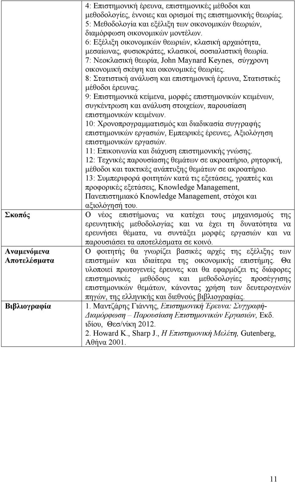 7: Νεοκλασική θεωρία, John Maynard Keynes, σύγχρονη οικονομική σκέψη και οικονομικές θεωρίες. 8: Στατιστική ανάλυση και επιστημονική έρευνα, Στατιστικές μέθοδοι έρευνας.