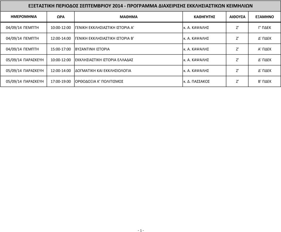 Α. ΚΑΨΑΛΗ Ζ' Α' ΠΔΕΚ 05/09/14 ΠΑΡΑΚΕΤΗ 10:00-12:00 ΕΚΚΛΗΙΑΣΙΚΗ ΙΣΟΡΙΑ ΕΛΛΑΔΑ κ. Α. ΚΑΨΑΛΗ Ζ' Δ' ΠΔΕΚ 05/09/14 ΠΑΡΑΚΕΤΗ 12:00-14:00 ΔΟΓΜΑΣΙΚΗ ΚΑΙ ΕΚΚΛΗΙΟΛΟΓΙΑ κ.