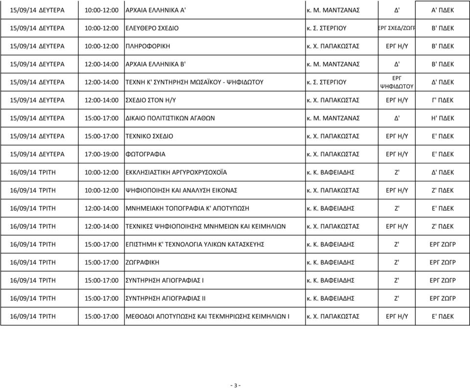 ΔΙΟ ΣΟΝ Η/Τ κ. Χ. ΠΑΠΑΚΩΣΑ ΕΡΓ Η/Τ Γ' ΠΔΕΚ 15/09/14 ΔΕΤΣΕΡΑ 15:00-17:00 ΔΙΚΑΙΟ ΠΟΛΙΣΙΣΙΚΩΝ ΑΓΑΘΩΝ κ. Μ. ΜΑΝΣΖΑΝΑ Δ' Η' ΠΔΕΚ 15/09/14 ΔΕΤΣΕΡΑ 15:00-17:00 ΣΕΧΝΙΚΟ ΧΕΔΙΟ κ. Χ. ΠΑΠΑΚΩΣΑ ΕΡΓ Η/Τ Ε' ΠΔΕΚ 15/09/14 ΔΕΤΣΕΡΑ 17:00-19:00 ΦΩΣΟΓΡΑΦΙΑ κ.