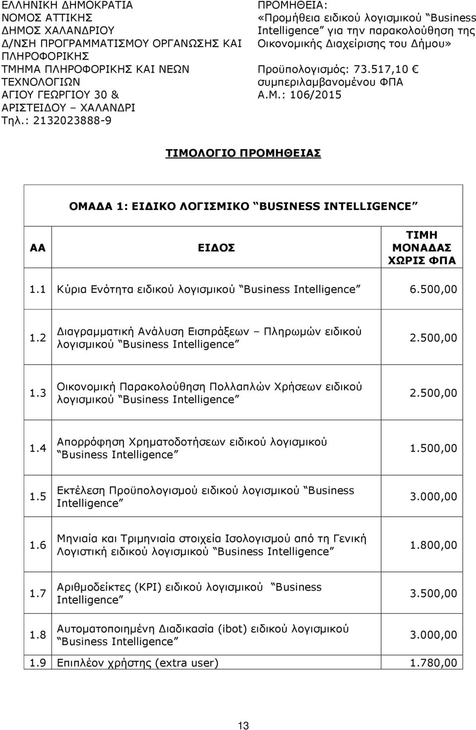 1 Κύρια Ενότητα ειδικού 6.500,00 1.2 Διαγραμματική Ανάλυση Εισπράξεων Πληρωμών ειδικού 2.500,00 1.3 Οικονομική Παρακολούθηση Πολλαπλών Χρήσεων ειδικού 2.500,00 1.4 Απορρόφηση Χρηματοδοτήσεων ειδικού λογισμικού Business 1.