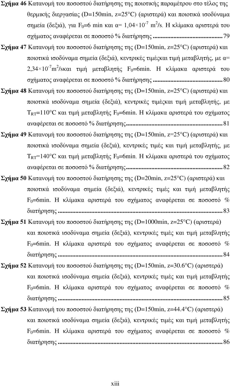 .. 79 Σχήμα 47 Κατανομή του ποσοστού διατήρησης της (D=150min, z=25 C) (αριστερά) και ποιοτικά ισοδύναμα σημεία (δεξιά), κεντρικές τιμέςκαι τιμή μεταβλητής, με α= 2,34 10-7 m 2 /sκαι τιμή μεταβλητής