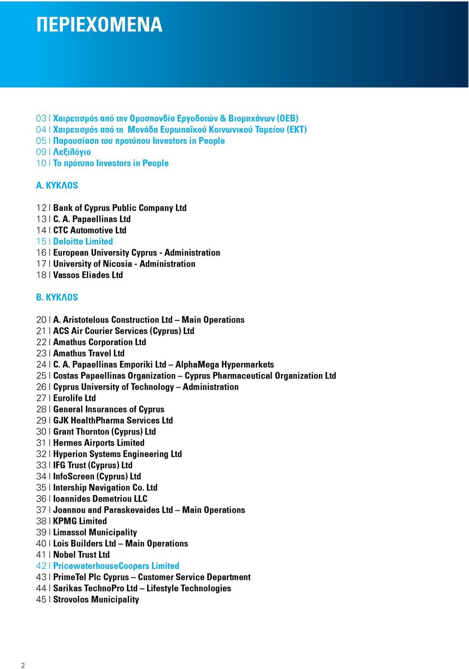 Papaellinas Ltd 14 CTC Automotive Ltd 15 Deloitte Limited 16 European University Cyprus - Administration 17 University of Nicosia - Administration 18 Vassos Eliades Ltd Β. KYKΛOS 20 A.