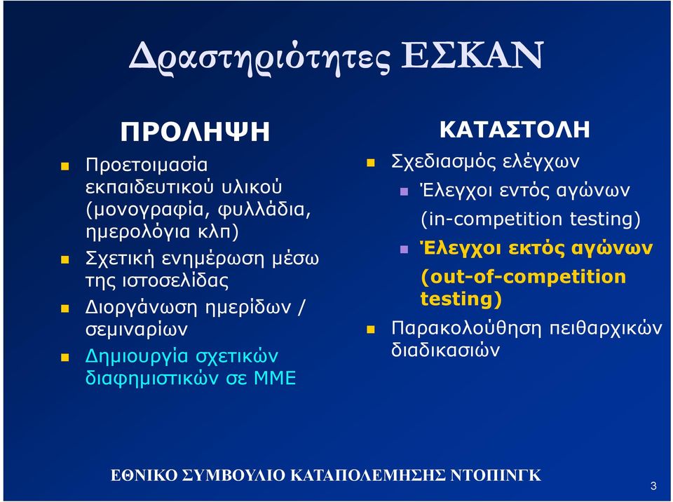 Δημιουργία σχετικών διαφημιστικών σε ΜΜΕ ΚΑΤΑΣΤΟΛΗ Σχεδιασμός ελέγχων Έλεγχοι εντός αγώνων