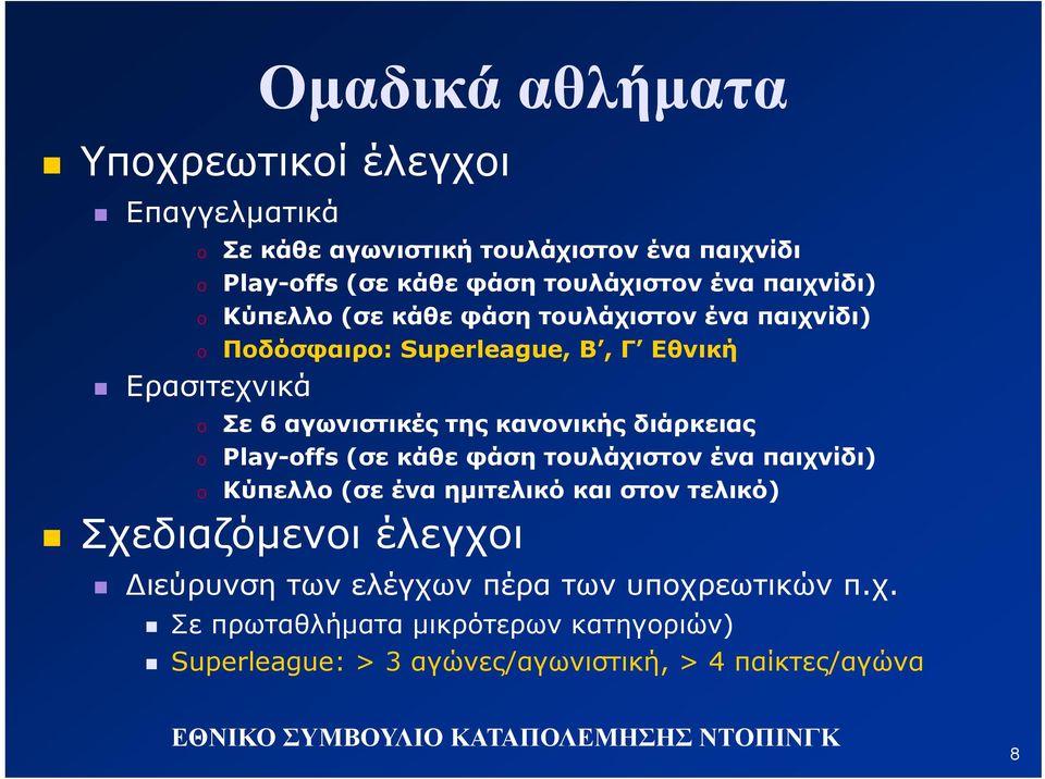 της κανονικής διάρκειας Play-offs (σε κάθε φάση τουλάχιστον ένα παιχνίδι) Κύπελλο (σε ένα ημιτελικό και στον τελικό) Σχεδιαζόμενοι έλεγχοι