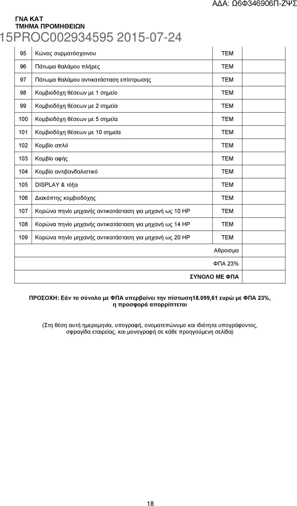 µηχανής αντικατάσταση για µηχανή ως 10 HP ΤΕΜ 108 Κορώνα πηνίο µηχανής αντικατάσταση για µηχανή ως 14 HP ΤΕΜ 109 Κορώνα πηνίο µηχανής αντικατάσταση για µηχανή ως 20 HP ΤΕΜ Αθροισµα ΦΠΑ 23% ΣΥΝΟΛΟ ΜΕ