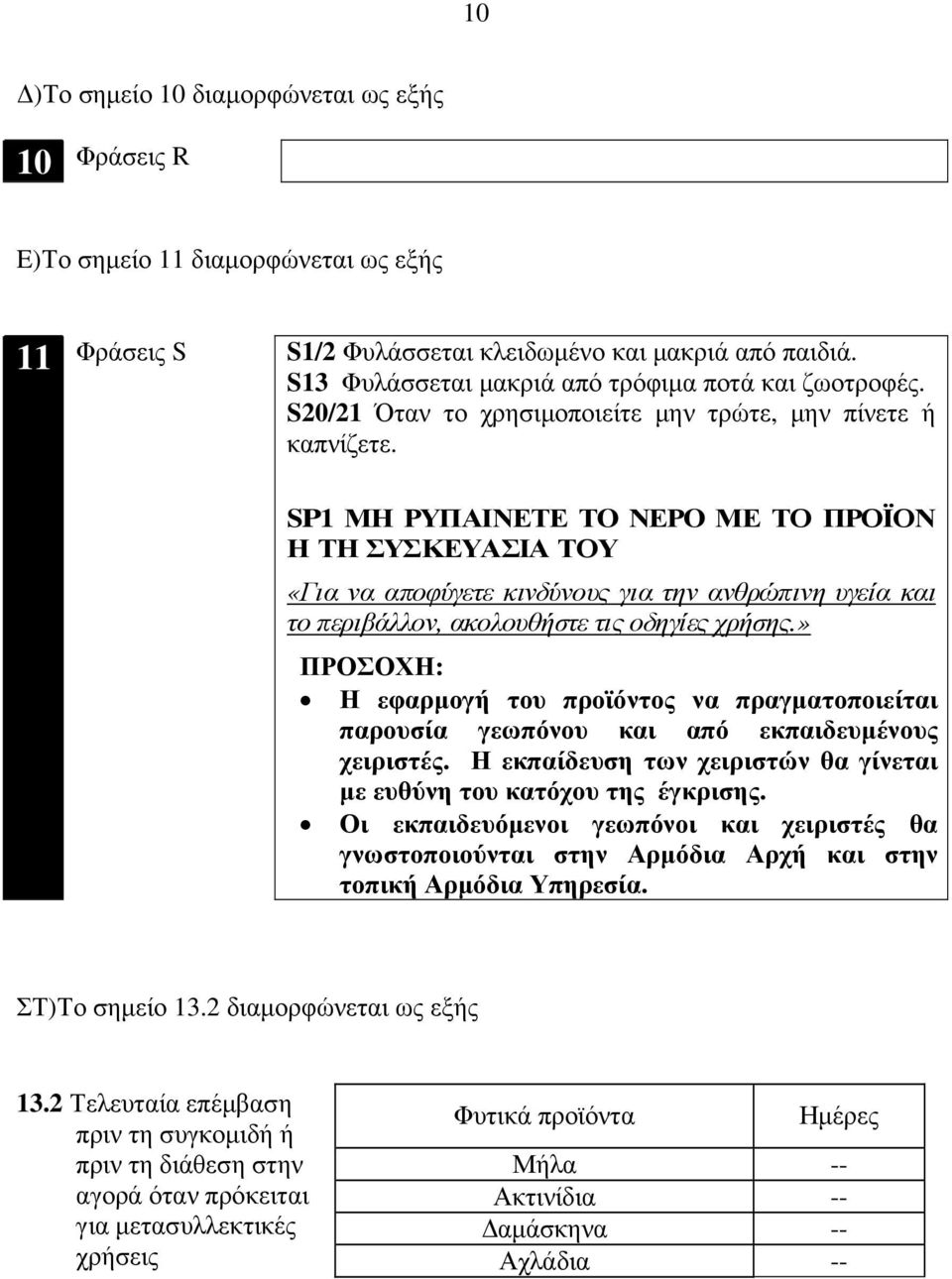 SP1 ΜΗ ΡΥΠΑΙΝΕΤΕ ΤO ΝΕΡO ΜΕ ΤΟ ΠΡΟΪΟΝ Η ΤΗ ΣΥΣΚΕΥΑΣΙΑ ΤΟΥ «Για να αποφύγετε κινδύνους για την ανθρώπινη υγεία και το περιβάλλον, ακολουθήστε τις οδηγίες χρήσης.