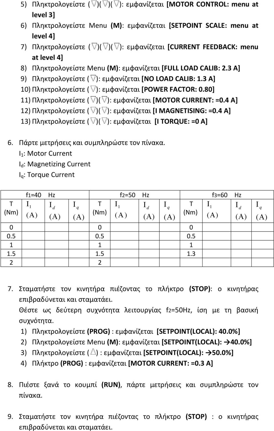 3 A] 10) Πληκτρολογείστε ( ): εμφανίζεται [POWER FACTOR: 0.80] 11) Πληκτρολογείστε ( )( ): εμφανίζεται [MOTOR CURRENT: =0.4 A] 12) Πληκτρολογείστε ( )( ): εμφανίζεται [I MAGNETISING: =0.