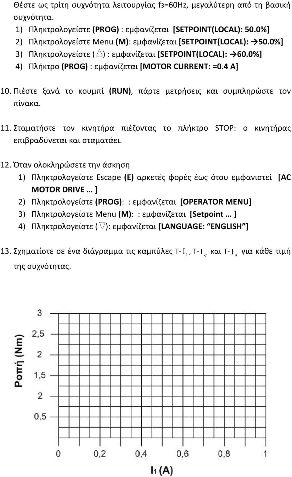 Πιέστε ξανά το κουμπί (RUN), πάρτε μετρήσεις και συμπληρώστε τον πίνακα. 11. Σταματήστε τον κινητήρα πιέζοντας το πλήκτρο STOP: ο κινητήρας επιβραδύνεται και σταματάει. 12.