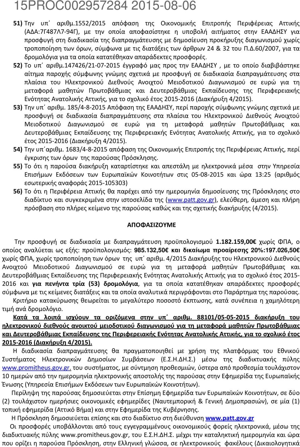 δημοσίευση προκήρυξης διαγωνισμού χωρίς τροποποίηση των όρων, σύμφωνα με τις διατάξεις των άρθρων 24 & 32 του Π.Δ.60/2007, για τα δρομολόγια για τα οποία κατατέθηκαν απαράδεκτες προσφορές.