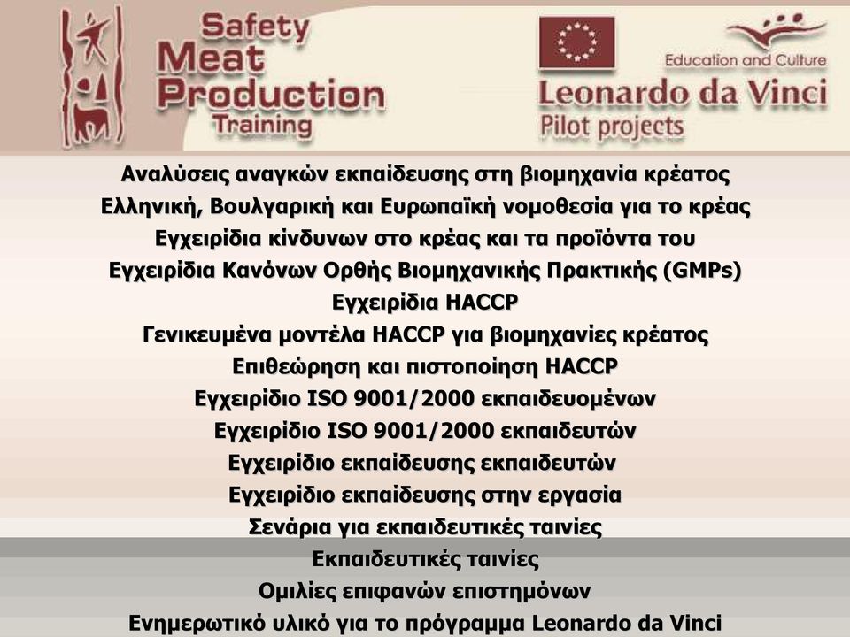 και πιστοποίηση HACCP Εγχειρίδιο ISO 9001/2000 εκπαιδευομένων Εγχειρίδιο ISO 9001/2000 εκπαιδευτών Εγχειρίδιο εκπαίδευσης εκπαιδευτών Εγχειρίδιο