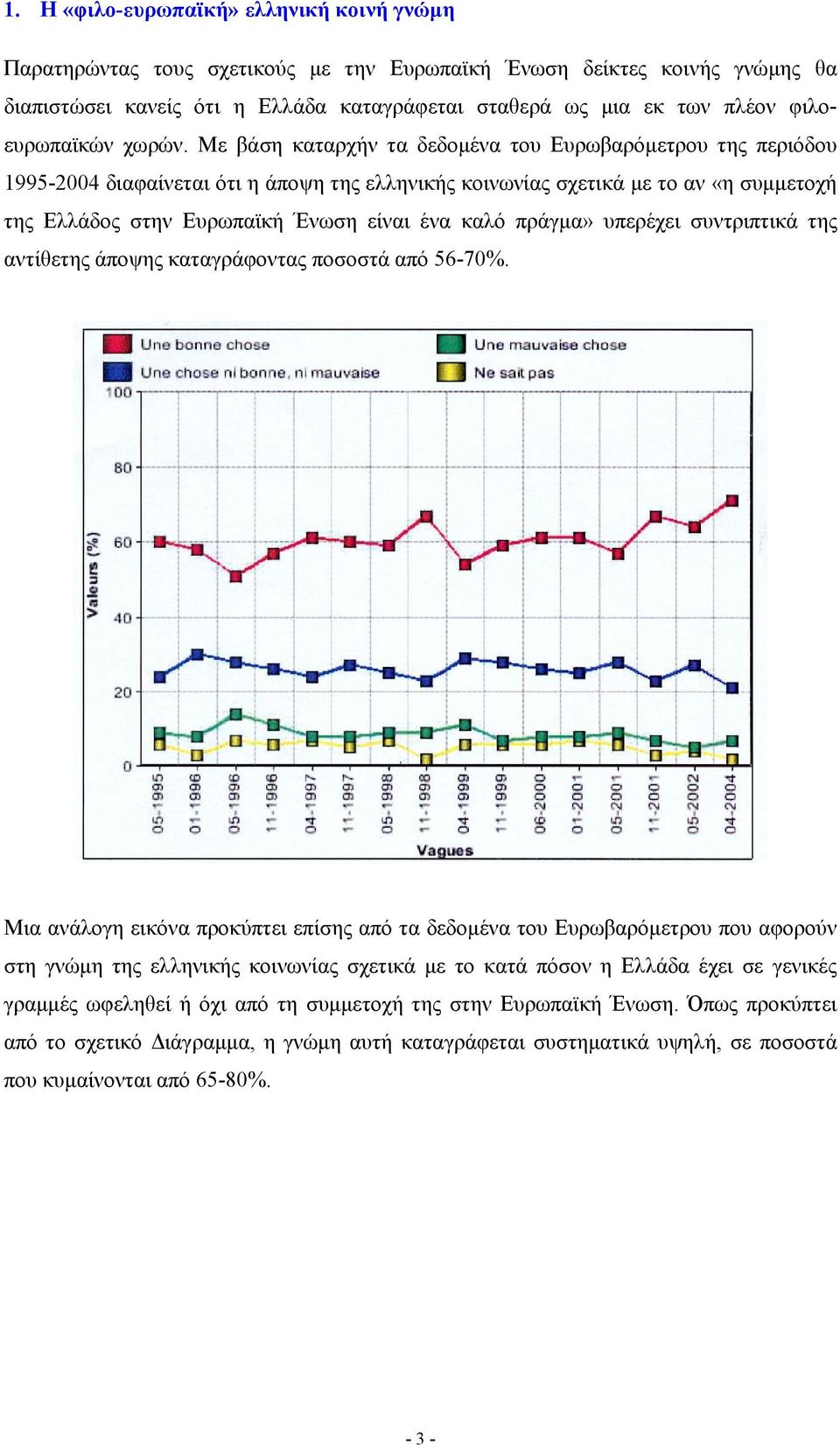 Με βάση καταρχήν τα δεδομένα του Ευρωβαρόμετρου της περιόδου 1995-2004 διαφαίνεται ότι η άποψη της ελληνικής κοινωνίας σχετικά με το αν «η συμμετοχή της Ελλάδος στην Ευρωπαϊκή Ένωση είναι ένα καλό