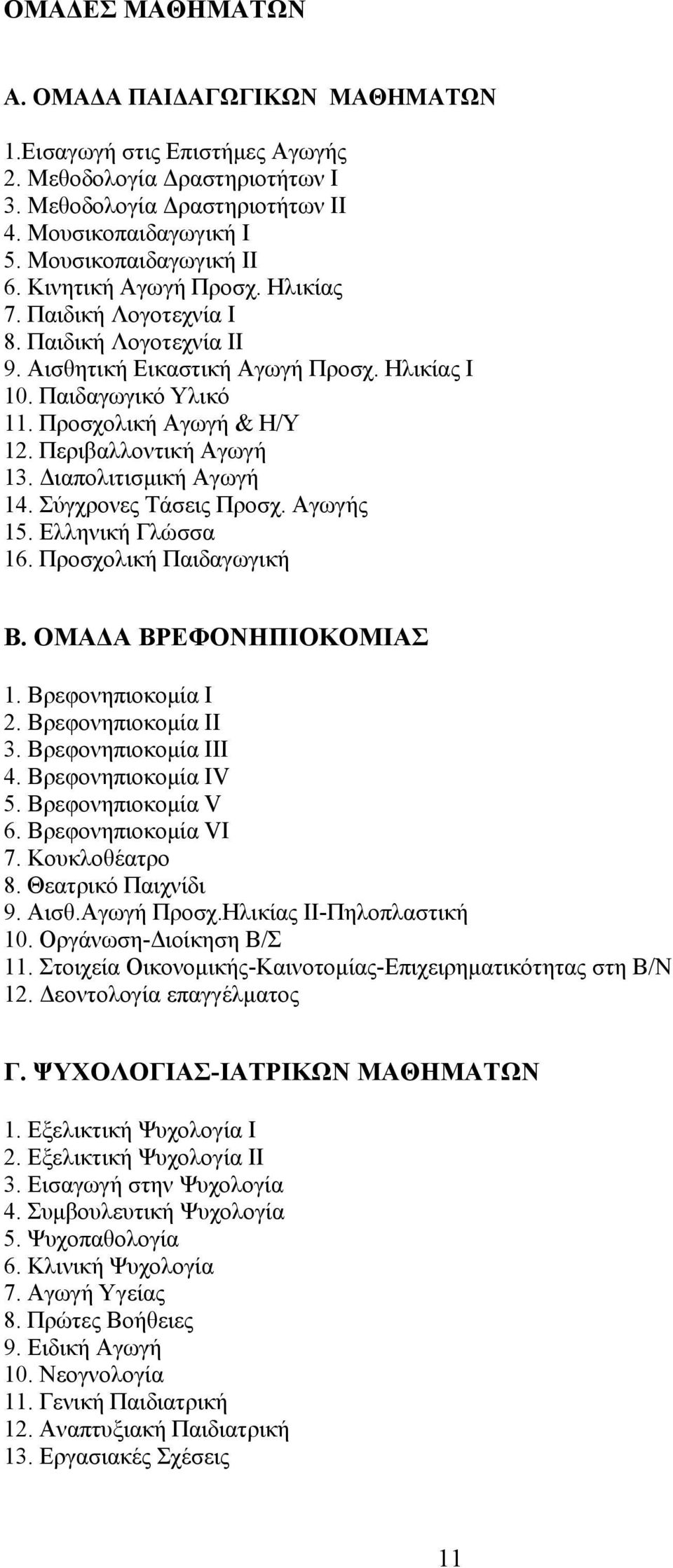 Περιβαλλοντική Αγωγή 13. Διαπολιτισμική Αγωγή 14. Σύγχρονες Τάσεις Προσχ. Αγωγής 15. Ελληνική Γλώσσα 16. Προσχολική Παιδαγωγική Β. ΟΜΑΔΑ ΒΡΕΦΟΝΗΠΙΟΚΟΜΙΑΣ 1. Βρεφονηπιοκομία Ι 2. Βρεφονηπιοκομία ΙΙ 3.