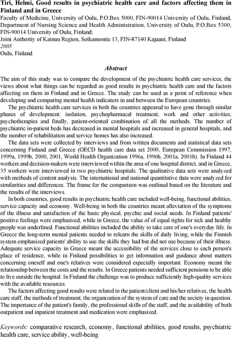 Box 5000, FIN-90014 University of Oulu, Finland, Department of Nursing Science and Health Administration, University of OuBox 5300, FIN-90014 University of Oulu, Finland; Joint Authority of Kainuu