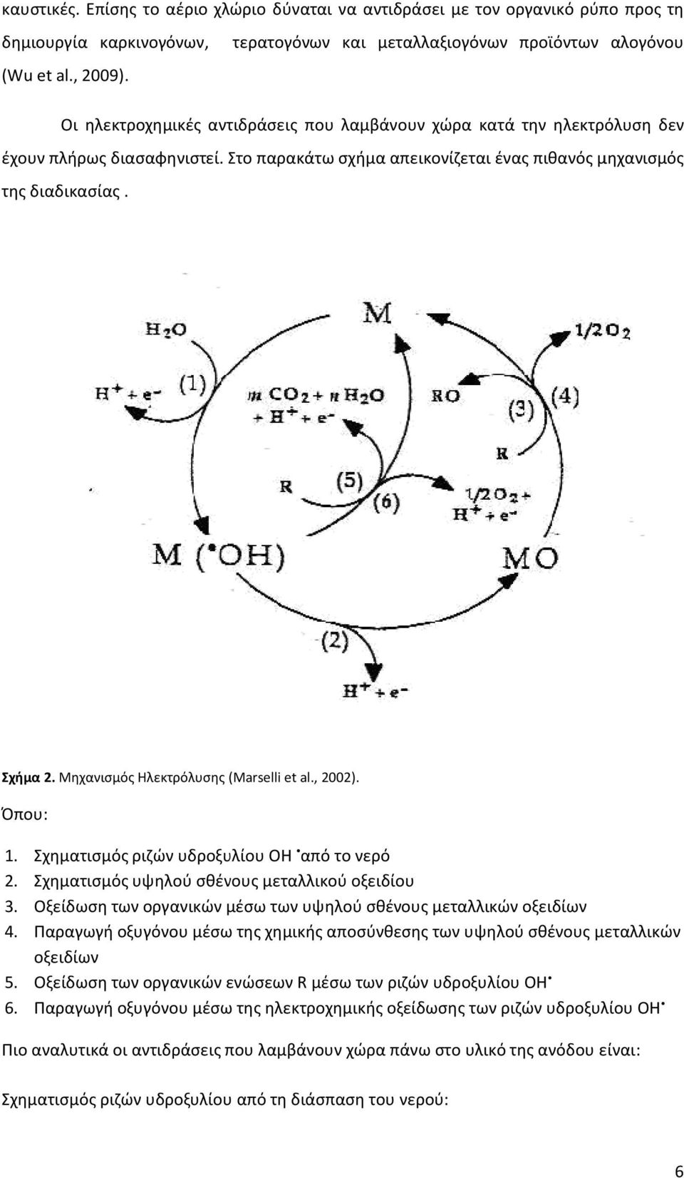 Μηχανισμός Ηλεκτρόλυσης (Marselli et al., 2002). Όπου: 1. Σχηματισμός ριζών υδροξυλίου ΟΗ από το νερό 2. Σχηματισμός υψηλού σθένους μεταλλικού οξειδίου 3.