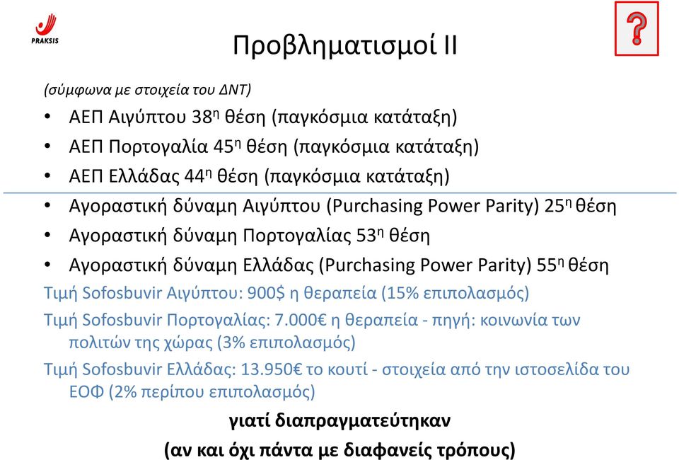 Parity) 55 η θέση Τιμή Sofosbuvir Αιγύπτου: 900$ η θεραπεία (15% επιπολασμός) Τιμή SofosbuvirΠορτογαλίας: 7.