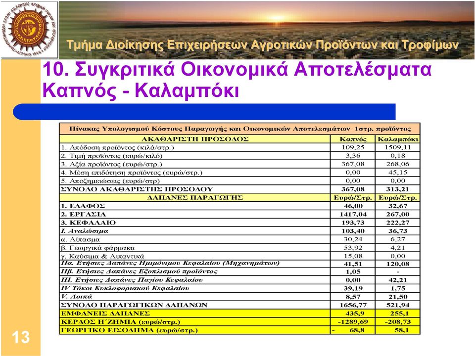 Αποζηµειώσεις (ευρώ/στρ) 0,00 0,00 ΣΥΝΟΛΟ ΑΚΑΘΑΡΙΣΤΗΣ ΠΡΟΣΟ ΟΥ 367,08 313,21 ΑΠΑΝΕΣ ΠΑΡΑΓΩΓΗΣ Ευρώ/Στρ. Ευρώ/Στρ. 1. Ε ΑΦΟΣ 46,00 32,67 2. ΕΡΓΑΣΙΑ 1417,04 267,00 3. ΚΕΦΑΛΑΙΟ 193,73 222,27 Ι.