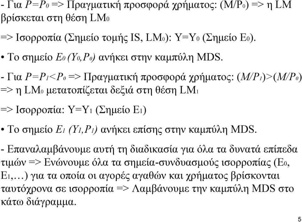 - Για P=P1<P0 => Πραγματική προσφορά χρήματος: (M/P1)>(M/P0) => η LM0 μετατοπίζεται δεξιά στη θέση LM1 => Ισορροπία: Υ=Υ1 (Σημείο Ε1) Το σημείο Ε1 (Υ1,P1)