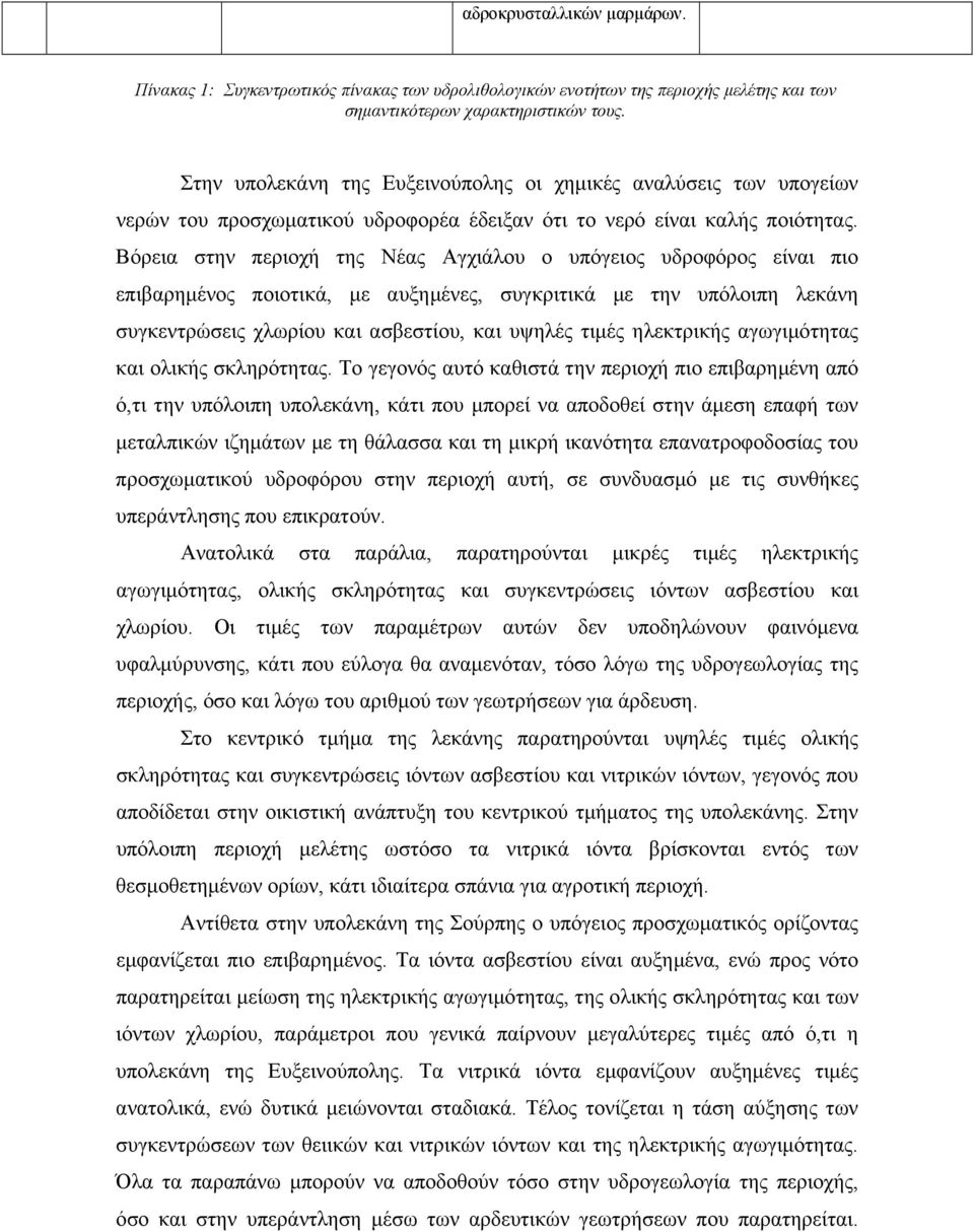 Βόρεια στην περιοχή της Νέας Αγχιάλου ο υπόγειος υδροφόρος είναι πιο επιβαρηµένος ποιοτικά, µε αυξηµένες, συγκριτικά µε την υπόλοιπη λεκάνη συγκεντρώσεις χλωρίου και ασβεστίου, και υψηλές τιµές