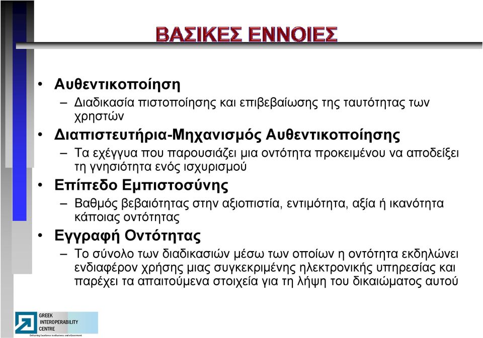 στην αξιοπιστία, εντιμότητα, αξία ή ικανότητα κάποιας οντότητας Εγγραφή Οντότητας Το σύνολο των διαδικασιών μέσω των οποίων η οντότητα