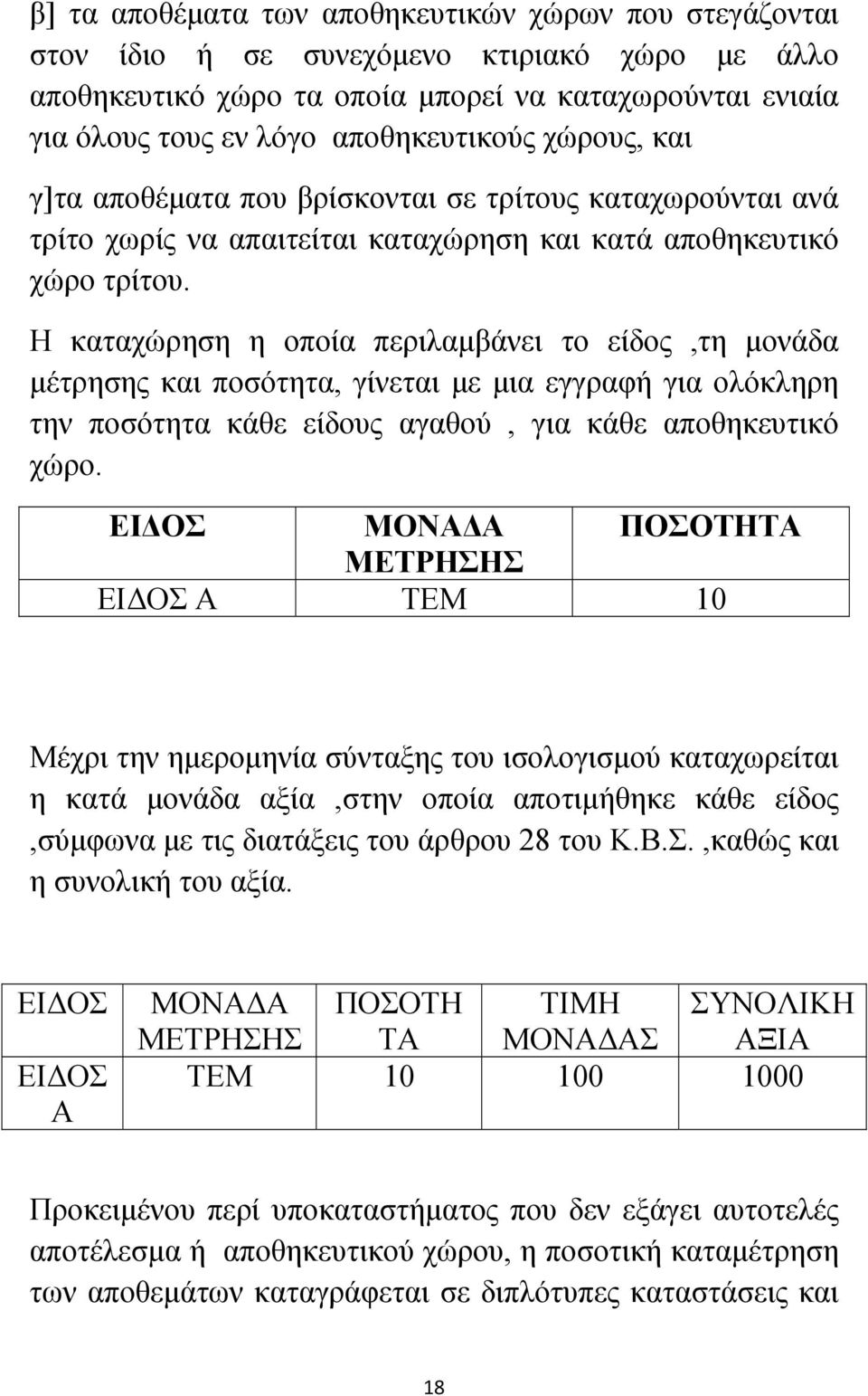 Η καταχώρηση η οποία περιλαμβάνει το είδος,τη μονάδα μέτρησης και ποσότητα, γίνεται με μια εγγραφή για ολόκληρη την ποσότητα κάθε είδους αγαθού, για κάθε αποθηκευτικό χώρο.