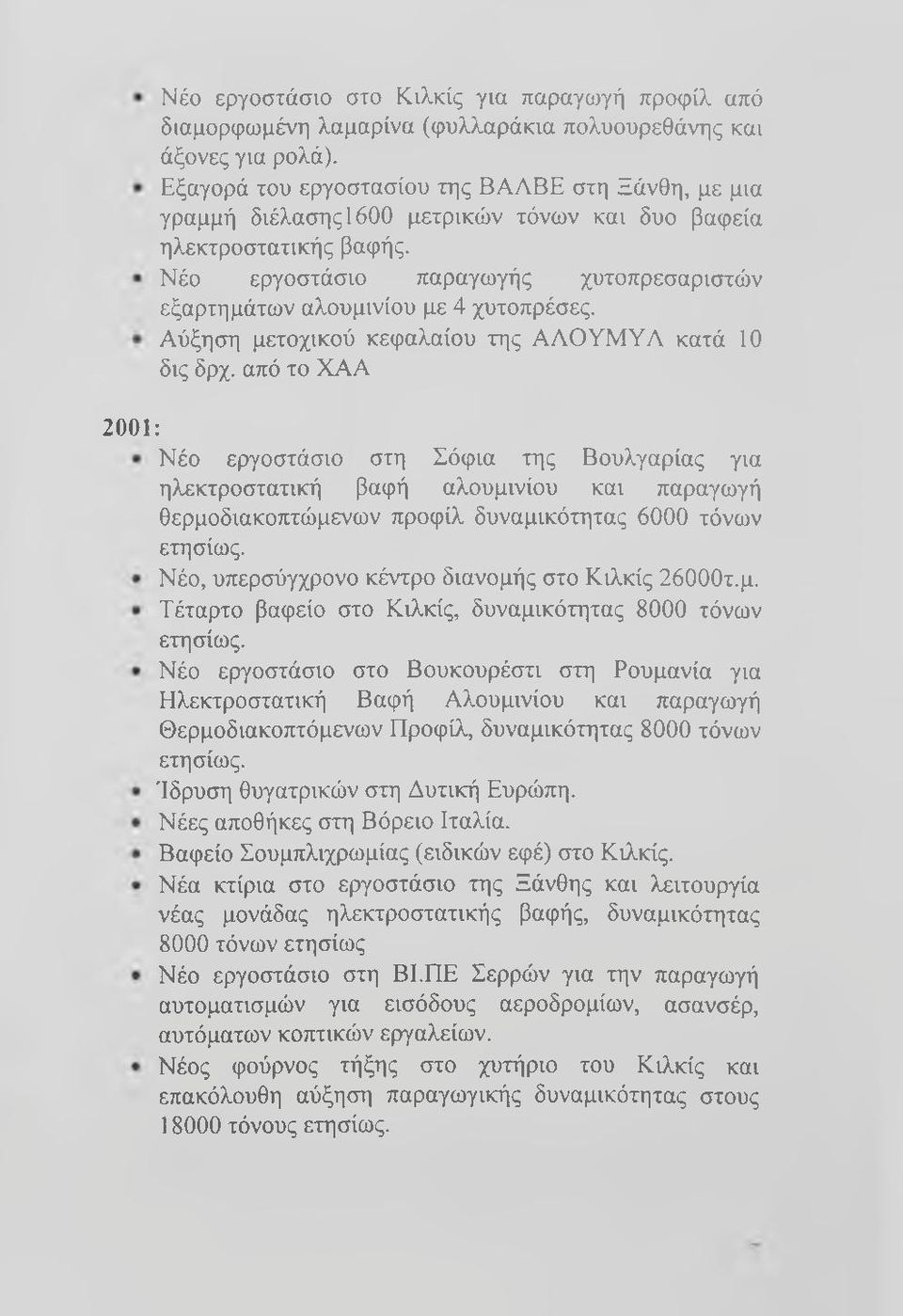 Νέο εργοστάσιο παραγωγής χυτοπρεσαριστών εξαρτημάτων αλουμινίου με 4 χυτοπρέσες. Αύξηση μετοχικού κεφαλαίου της ΑΑΟΥΜΥΑ κατά 10 δις δρχ.