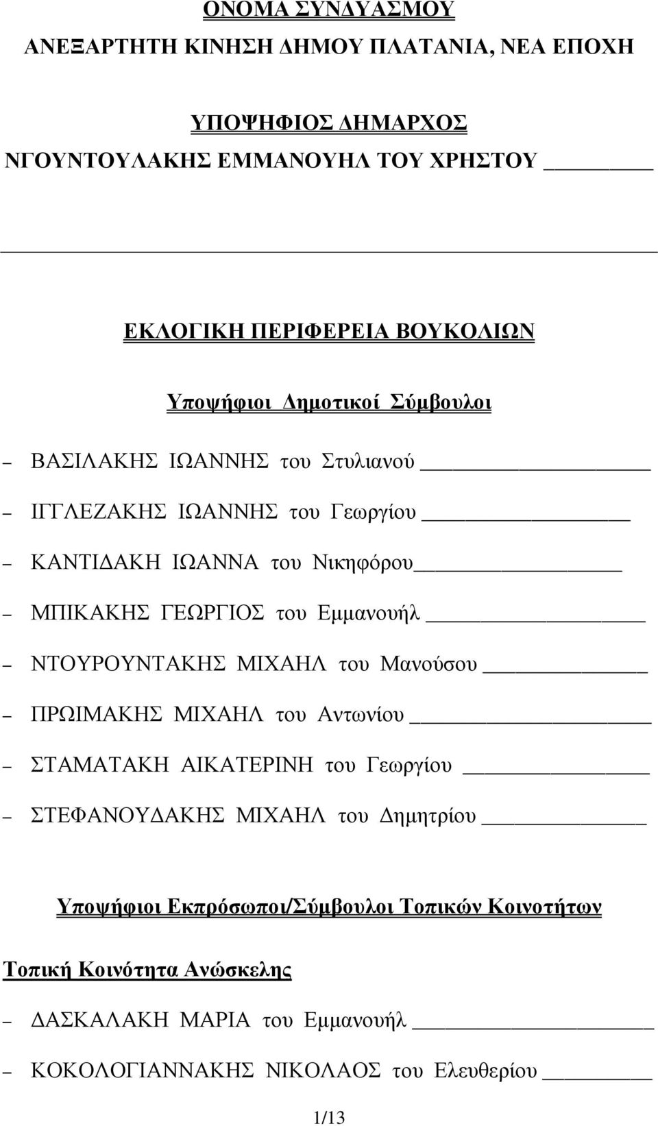 Εµµανουήλ ΝΤΟΥΡΟΥΝΤΑΚΗΣ ΜΙΧΑΗΛ του Μανούσου ΠΡΩΙΜΑΚΗΣ ΜΙΧΑΗΛ του Αντωνίου ΣΤΑΜΑΤΑΚΗ ΑΙΚΑΤΕΡΙΝΗ του Γεωργίου ΣΤΕΦΑΝΟΥ ΑΚΗΣ ΜΙΧΑΗΛ του ηµητρίου