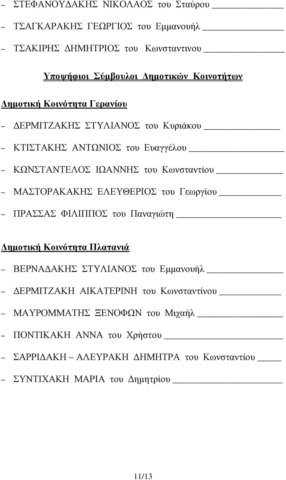 ΕΛΕΥΘΕΡΙΟΣ του Γεωργίου ΠΡΑΣΣΑΣ ΦΙΛΙΠΠΟΣ του Παναγιώτη ηµοτική Κοινότητα Πλατανιά ΒΕΡΝΑ ΑΚΗΣ ΣΤΥΛΙΑΝΟΣ του Εµµανουήλ ΕΡΜΙΤΖΑΚΗ ΑΙΚΑΤΕΡΙΝΗ του