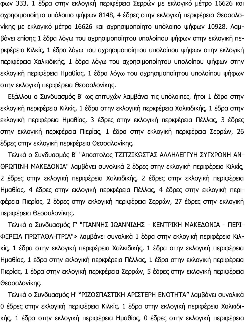 Λαμβάνει επίσης 1 έδρα λόγω του αχρησιμοποίητου υπολοίπου ψήφων στην εκλογική περιφέρεια Κιλκίς, 1 έδρα λόγω του αχρησιμοποίητου υπολοίπου ψήφων στην εκλογική περιφέρεια Χαλκιδικής, 1 έδρα λόγω του