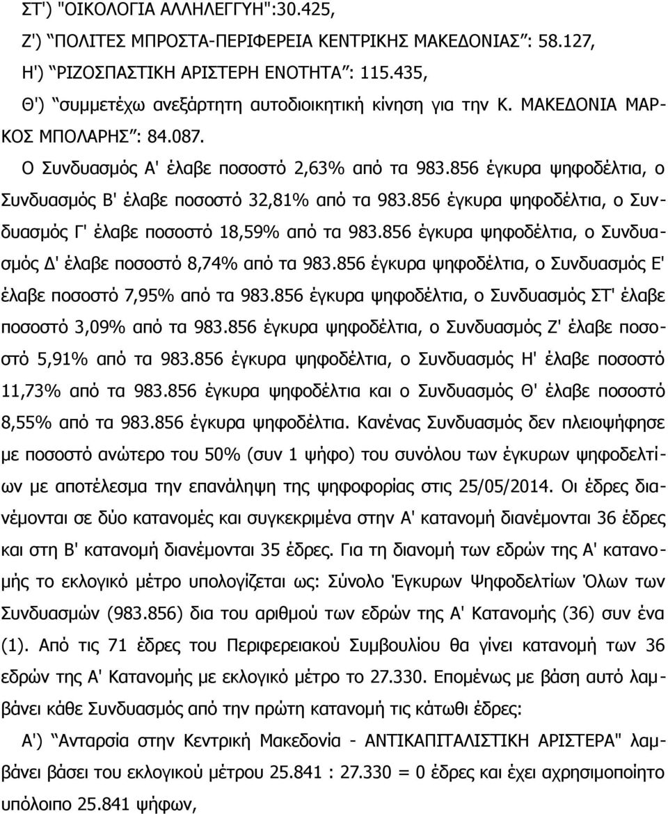 856 έγκυρα ψηφοδέλτια, ο Συνδυασμός Γ' έλαβε ποσοστό 18,59% από τα 983.856 έγκυρα ψηφοδέλτια, ο Συνδυασμός Δ' έλαβε ποσοστό 8,74% από τα 983.