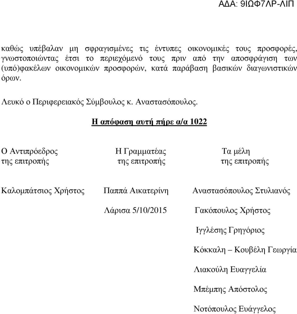 Η απόφαση αυτή πήρε α/α 1022 Ο Αντιπρόεδρος Η Γραμματέας Τα μέλη της επιτροπής της επιτροπής της επιτροπής Καλομπάτσιος Χρήστος Παππά