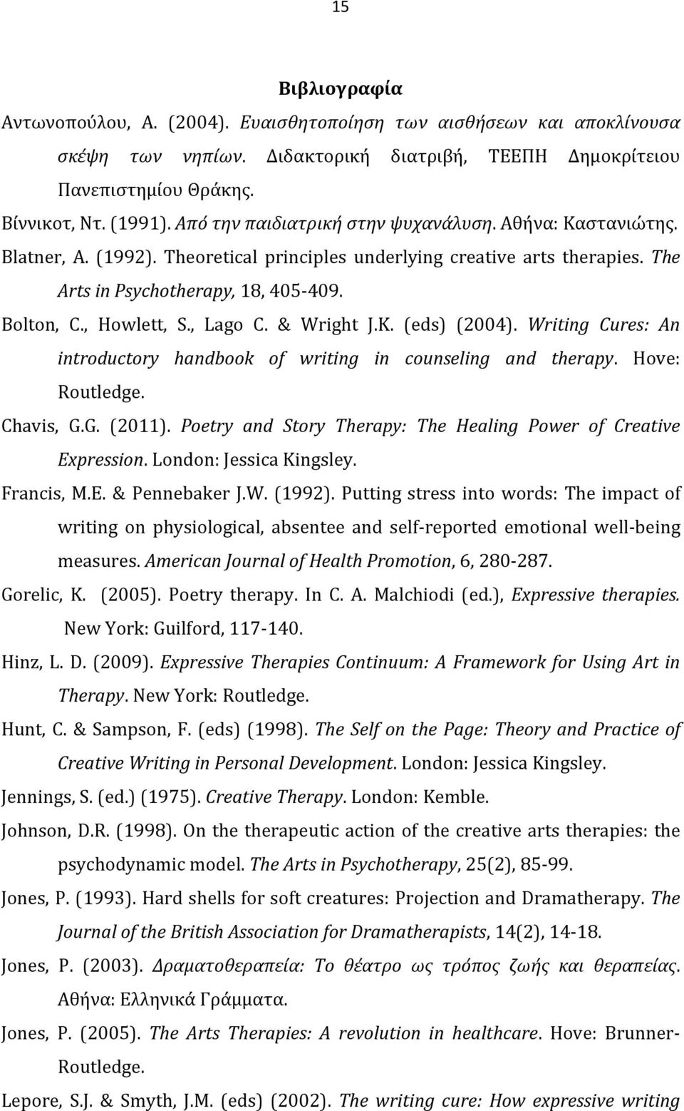 , Lago C. & Wright J.K. (eds) (2004). Writing Cures: An introductory handbook of writing in counseling and therapy. Hove: Routledge. Chavis, G.G. (2011).