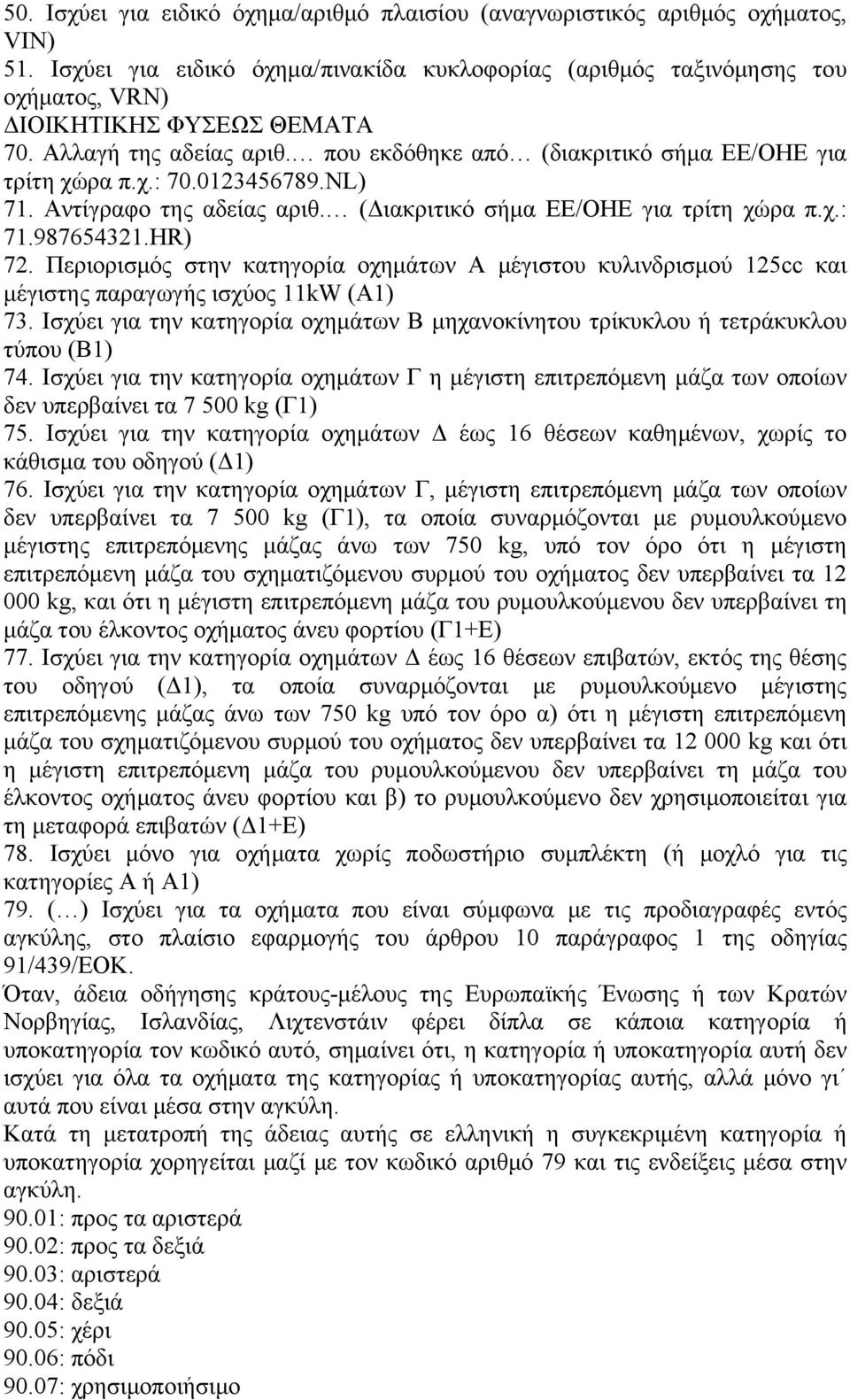 0123456789.NL) 71. Αντίγραφο της αδείας αριθ. (Διακριτικό σήμα ΕΕ/ΟΗΕ για τρίτη χώρα π.χ.: 71.987654321.HR) 72.