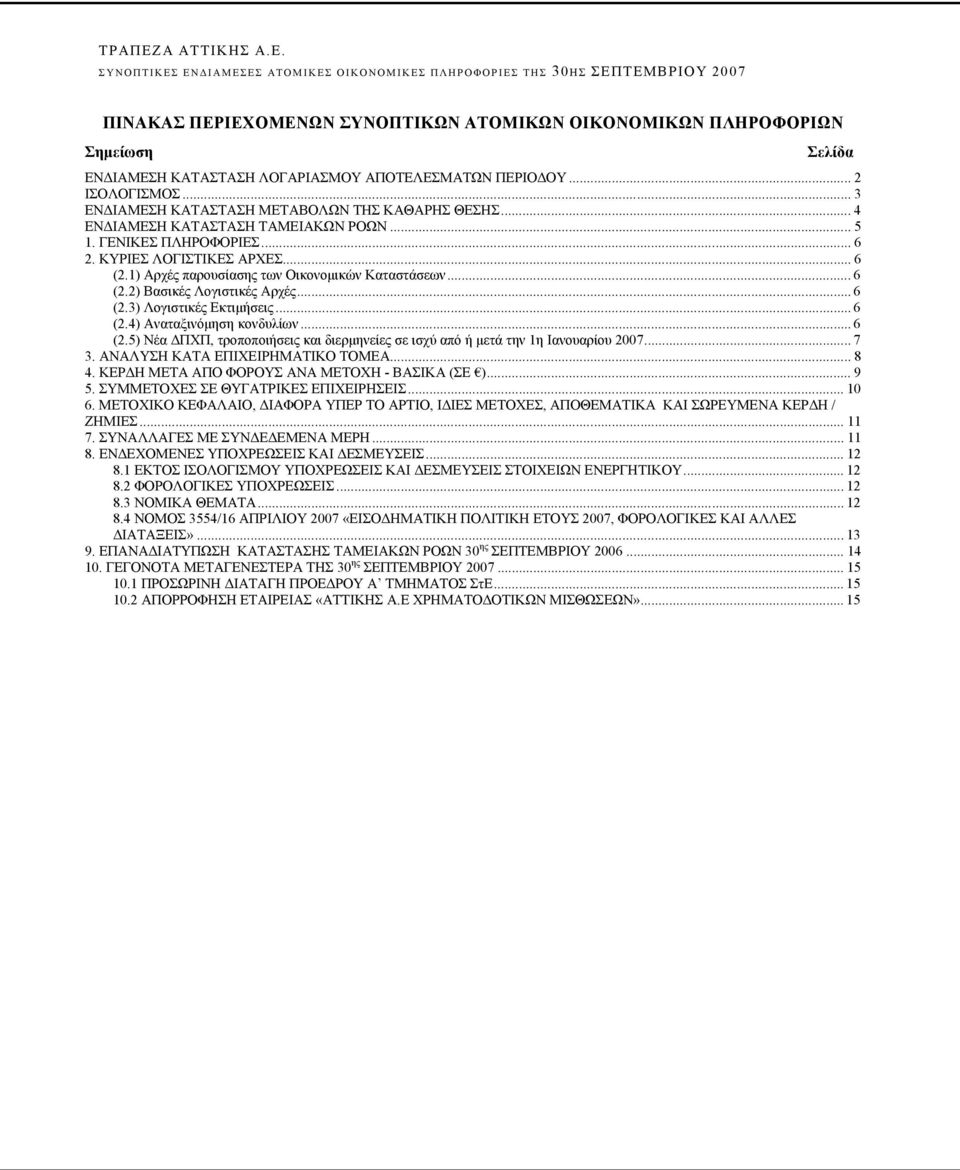 1) Αρχές παρουσίασης των Οικονομικών Καταστάσεων... 6 (2.2) Βασικές Λογιστικές Αρχές... 6 (2.3) Λογιστικές Εκτιμήσεις... 6 (2.4) Αναταξινόμηση κονδυλίων... 6 (2.5) Νέα ΔΠΧΠ, τροποποιήσεις και διερμηνείες σε ισχύ από ή μετά την 1η Ιανουαρίου 2007.