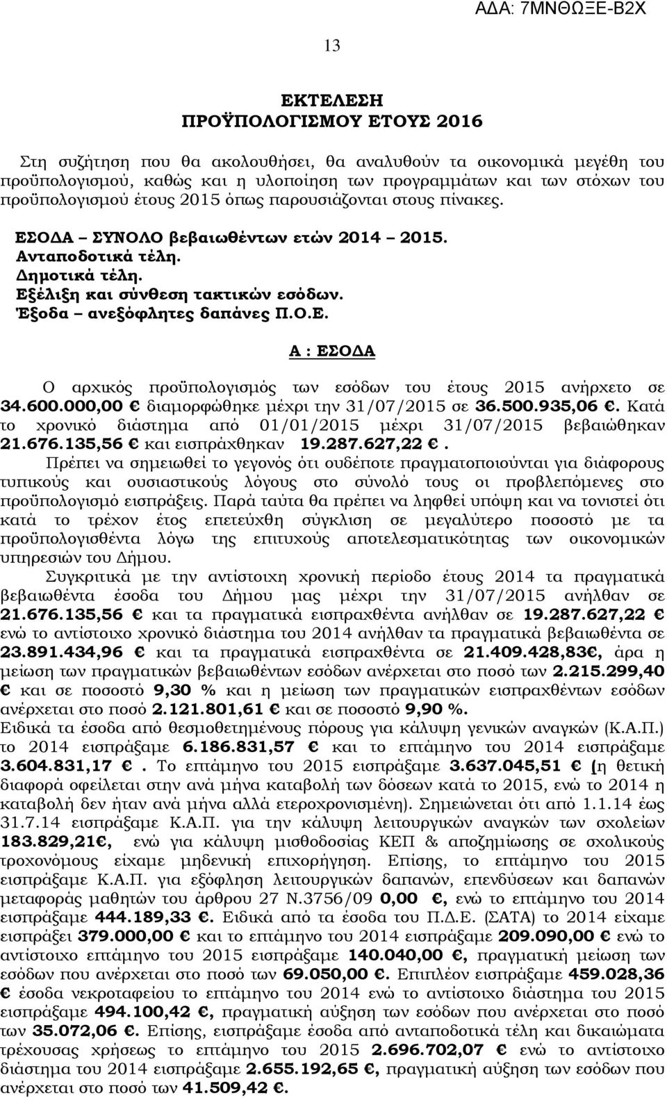 600.00 διαμορφώθηκε μέχρι την σε 36.500.935,06. Κατά το χρονικό διάστημα από 01/01/2015 μέχρι βεβαιώθηκαν 21.676.135,56 και εισπράχθηκαν 19.287.627,22.